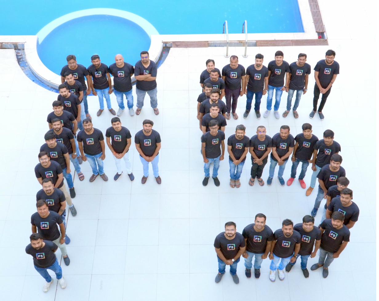 F5 team members across India offices, photographed from above.