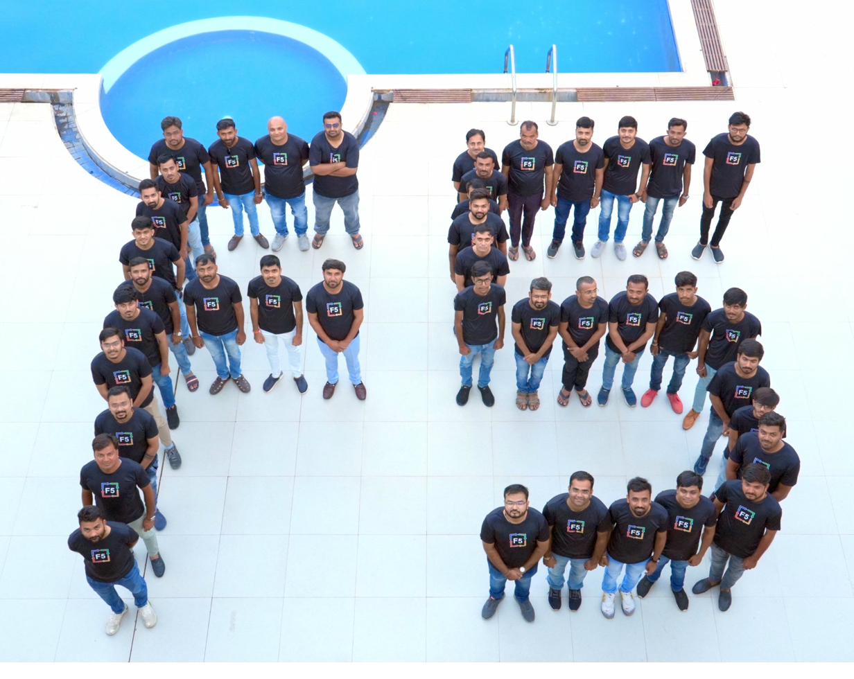 The F5 team arranged into an "F5" formation, photographed from above